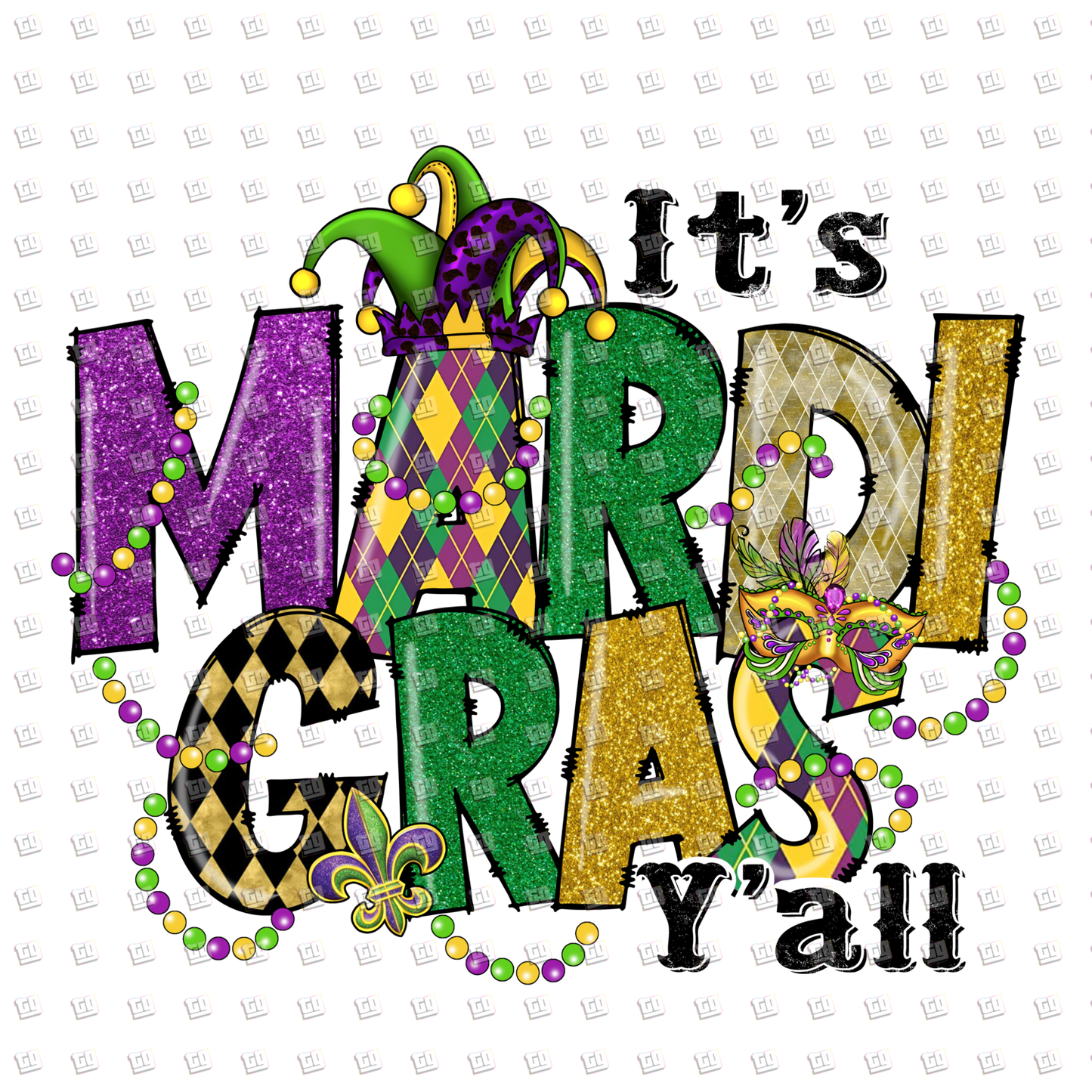 It's Mardi Gras Y'all (Beads, Hats, Argyle) - Mardi Gras - DTF Transfer