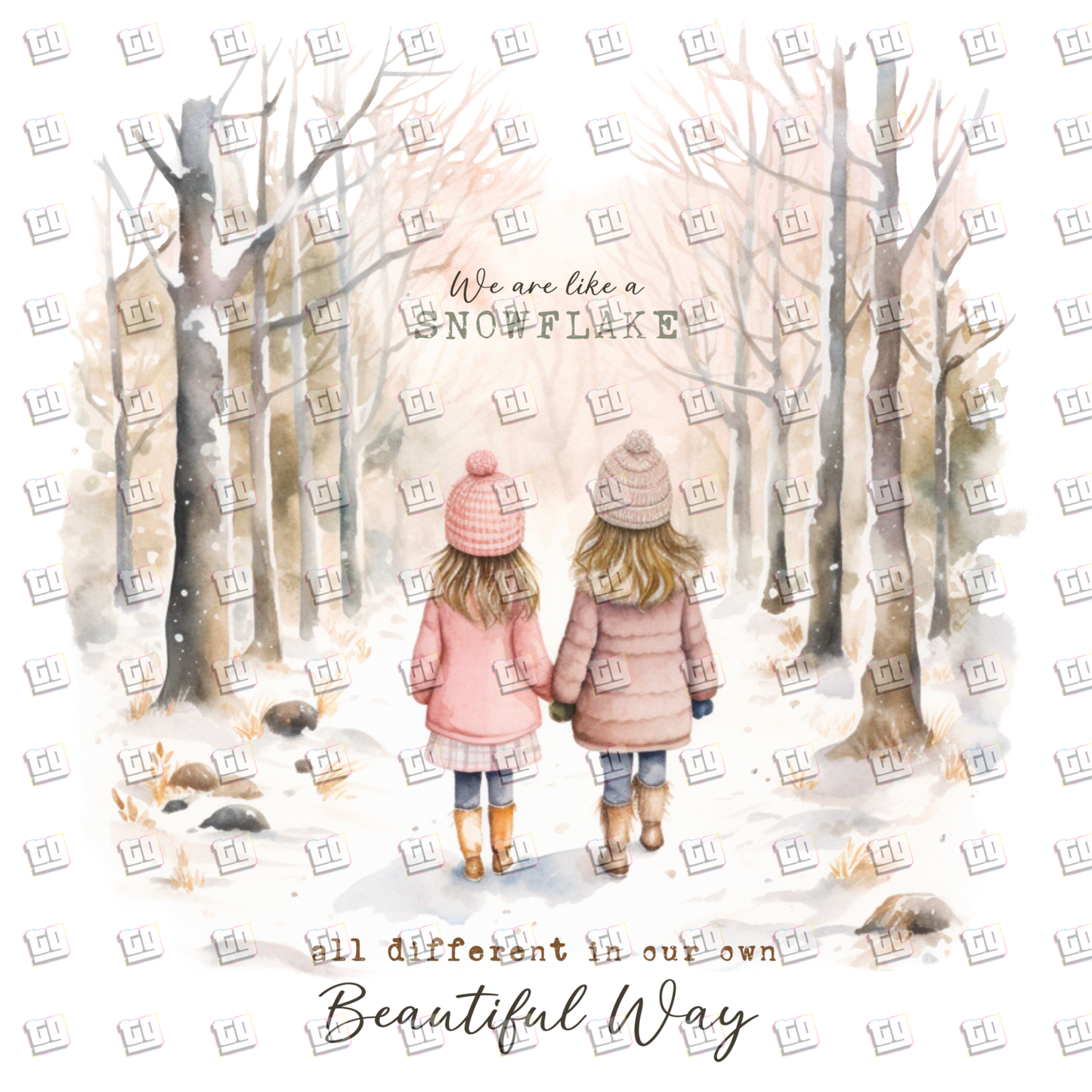 Winter Woodland Two Girls Walking (Snowflake)- Holidays - DTF Transfer