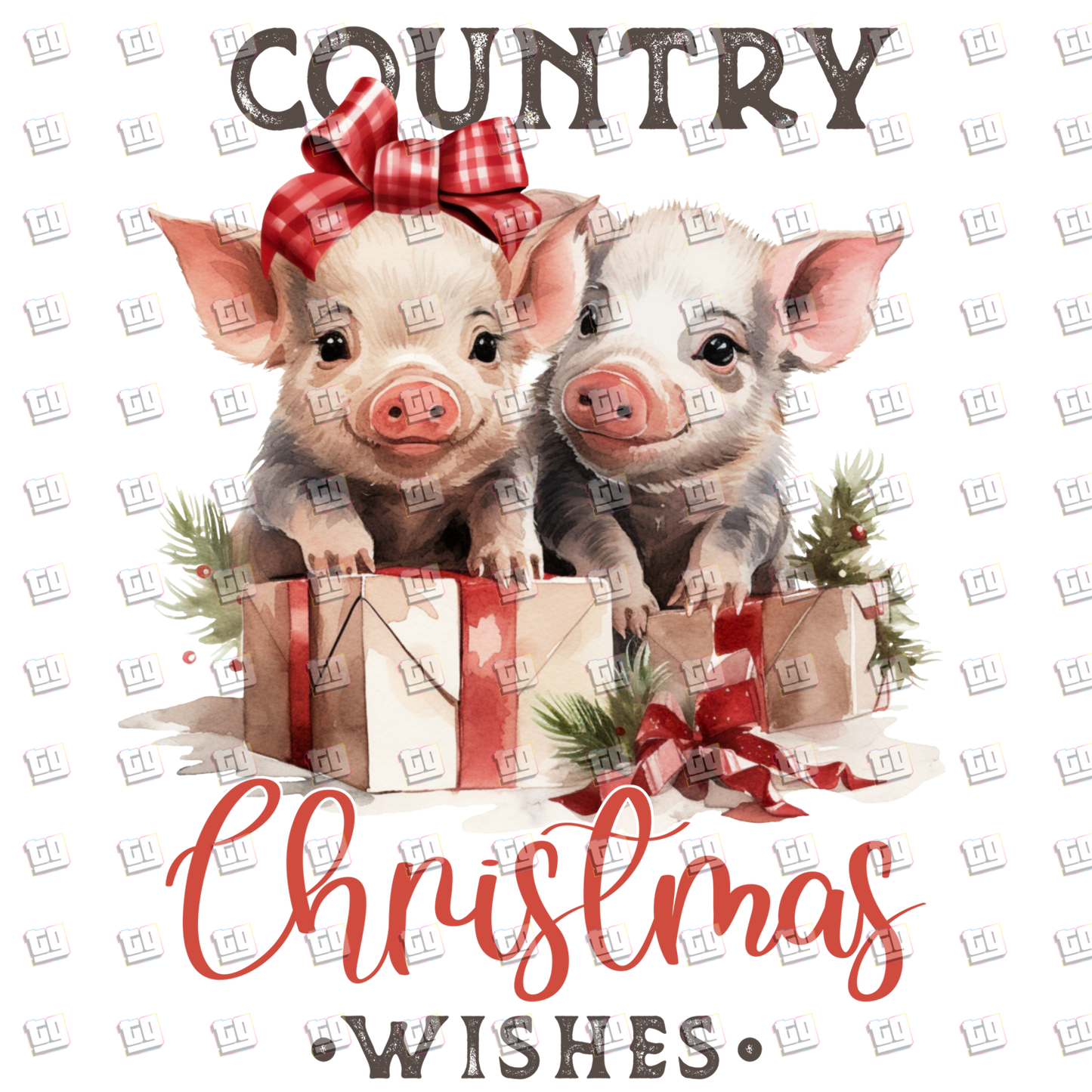 Country Christmas Wishes (Pigs, Gifts) - Holidays - DTF Transfer