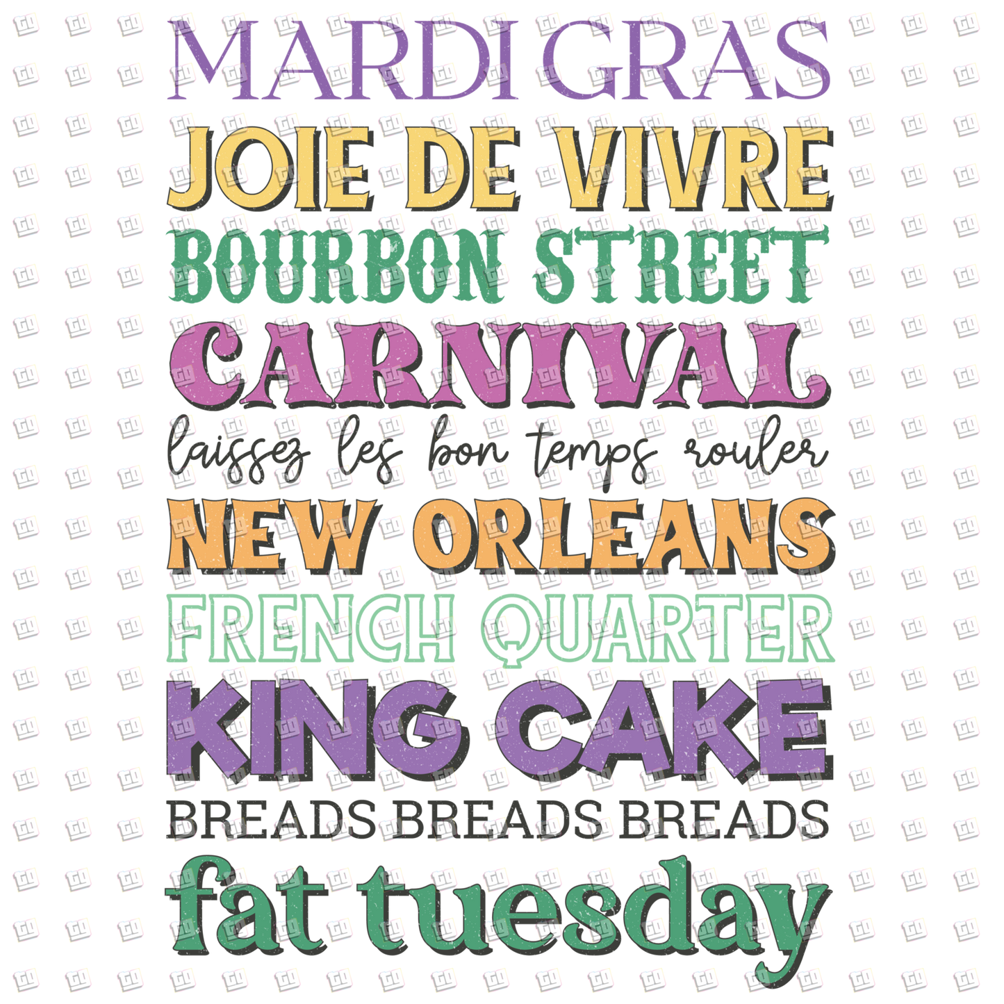 Mardi Gras, Carnival, New Orleans, Fat Tuesday Text - Mardi Gras - DTF Transfer