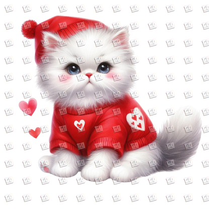 White Kitten With Red Hat and Sweater- Valentines - DTF Transfer