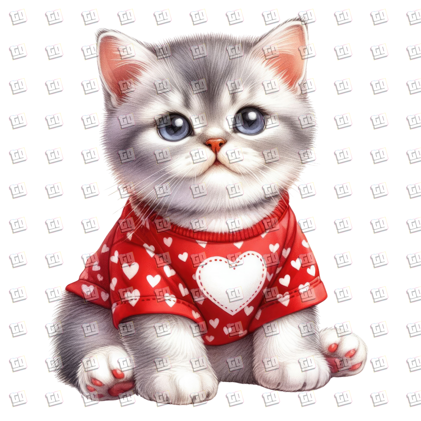 Short Haired Gray Cat With Heart Sweater- Valentines - DTF Transfer