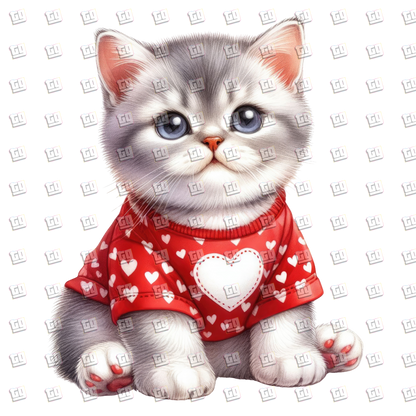 Short Haired Gray Cat With Heart Sweater- Valentines - DTF Transfer