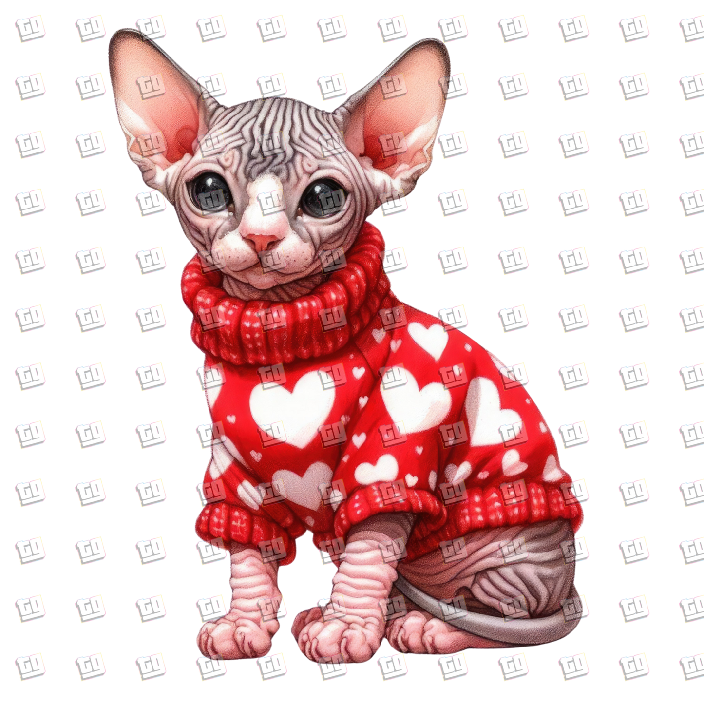 Skin Hairless Cat With Heart Sweater- Valentines - DTF Transfer