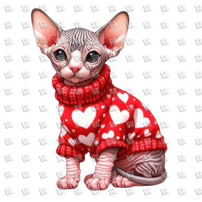 Skin Hairless Cat With Heart Sweater- Valentines - DTF Transfer