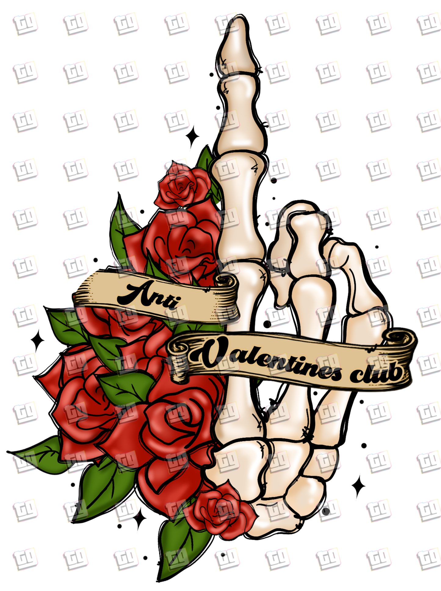 Anti Valentines Club (Skeleton Hand With Finger Up Next to Roses)  - Valentines - DTF Transfer