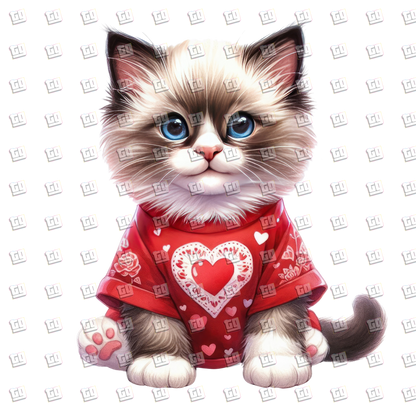 Long Haired Kitten With Red Heart Shirt` - Valentines - DTF Transfer