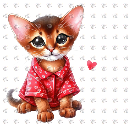 Cute Kitten with Pointy Ears and Pink Heart Shirt` - Valentines - DTF Transfer