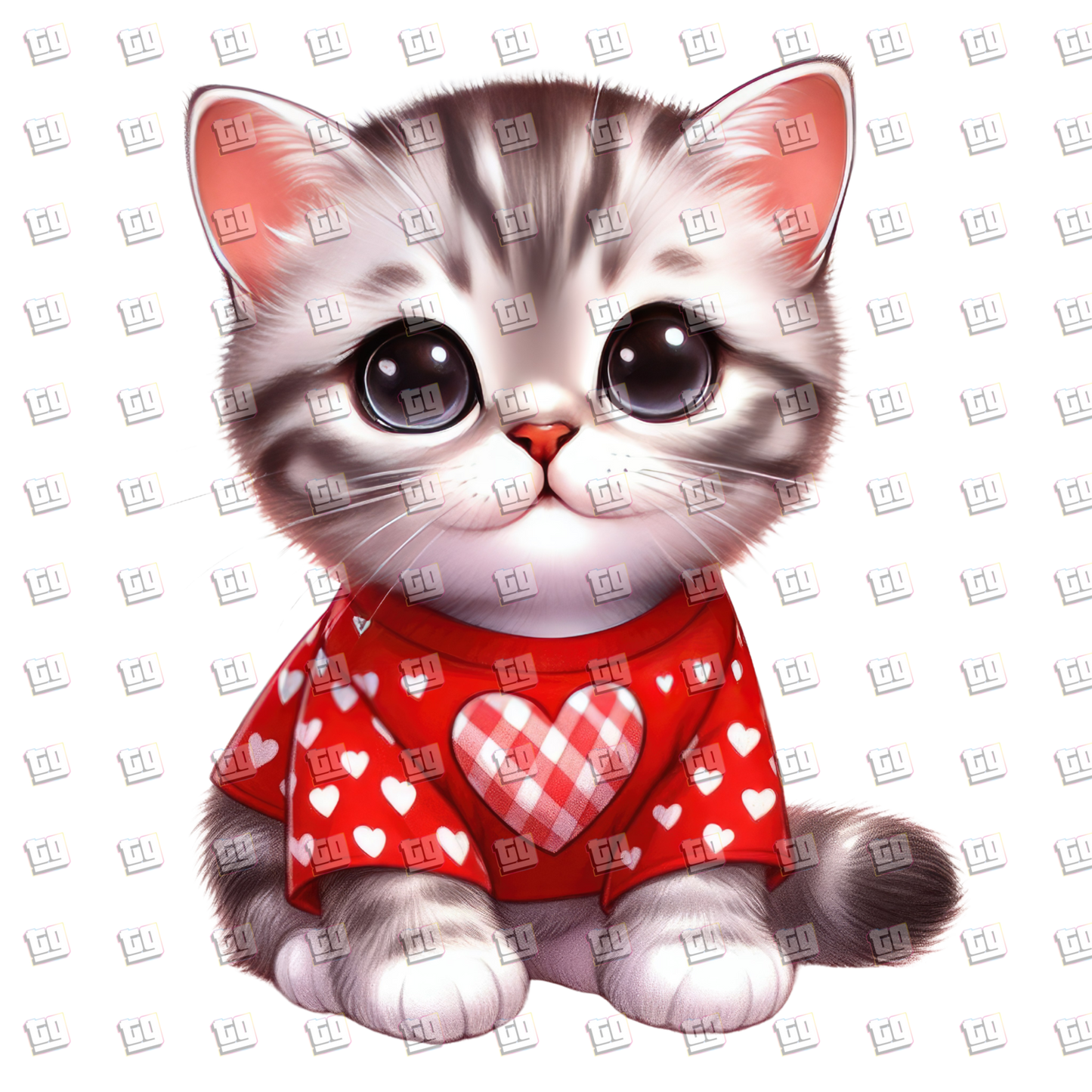 Cute Kitten With Red Shirt With Heart Pattern  - Valentines - DTF Transfer