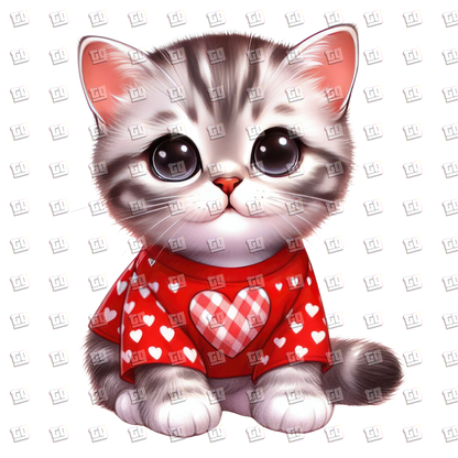 Cute Kitten With Red Shirt With Heart Pattern  - Valentines - DTF Transfer