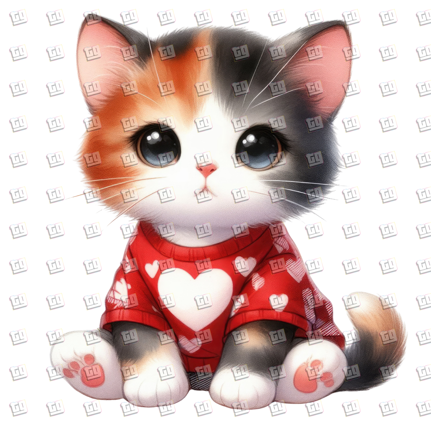 Golden Black Kitten With Red Heart Sweater - Valentines - DTF Transfer