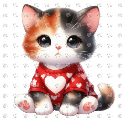 Golden Black Kitten With Red Heart Sweater - Valentines - DTF Transfer