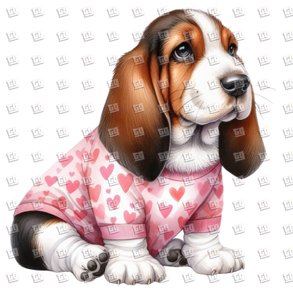 Dog With Long Ears In Pink Heart Sweater - Valentines - DTF Transfer