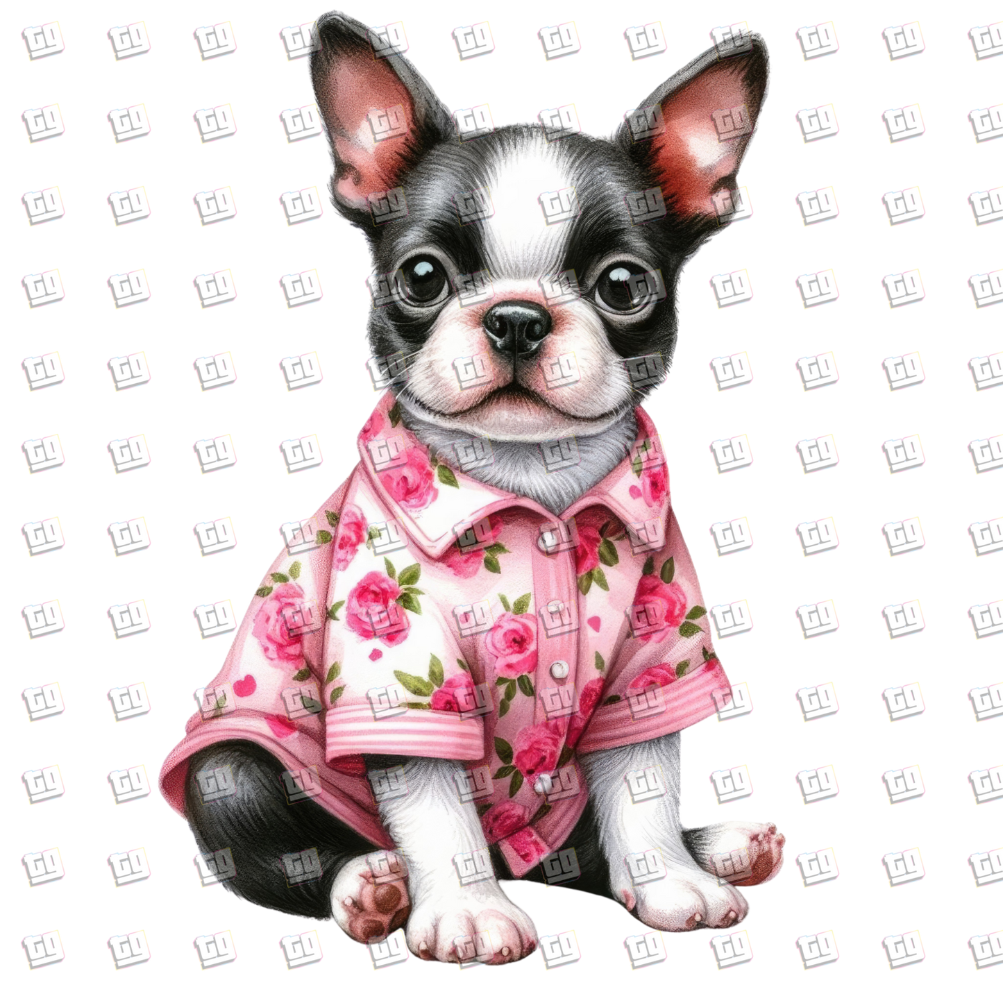 Gray Dog In Pink Rose Shirt - Valentines - DTF Transfer