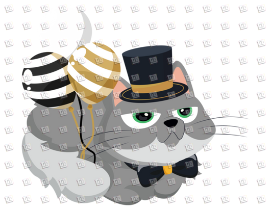 Grumpy Kitten With Balloons In Top Hat, Bow-Tie - New Years - DTF Transfer