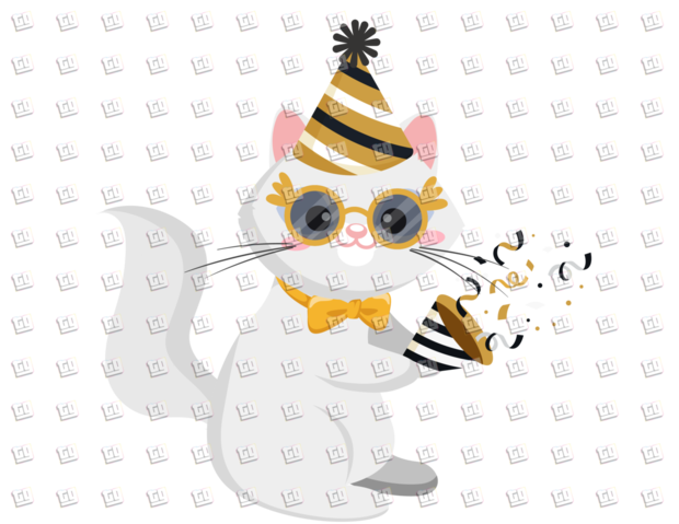 White Cat With Party Hat, Glasses, Bow-Tie, and Confetti - New Years - DTF Transfer