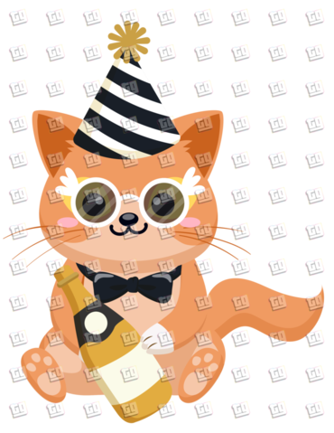 Kitten With Bottle, Party Hat, and Glasses- New Years - DTF Transfer