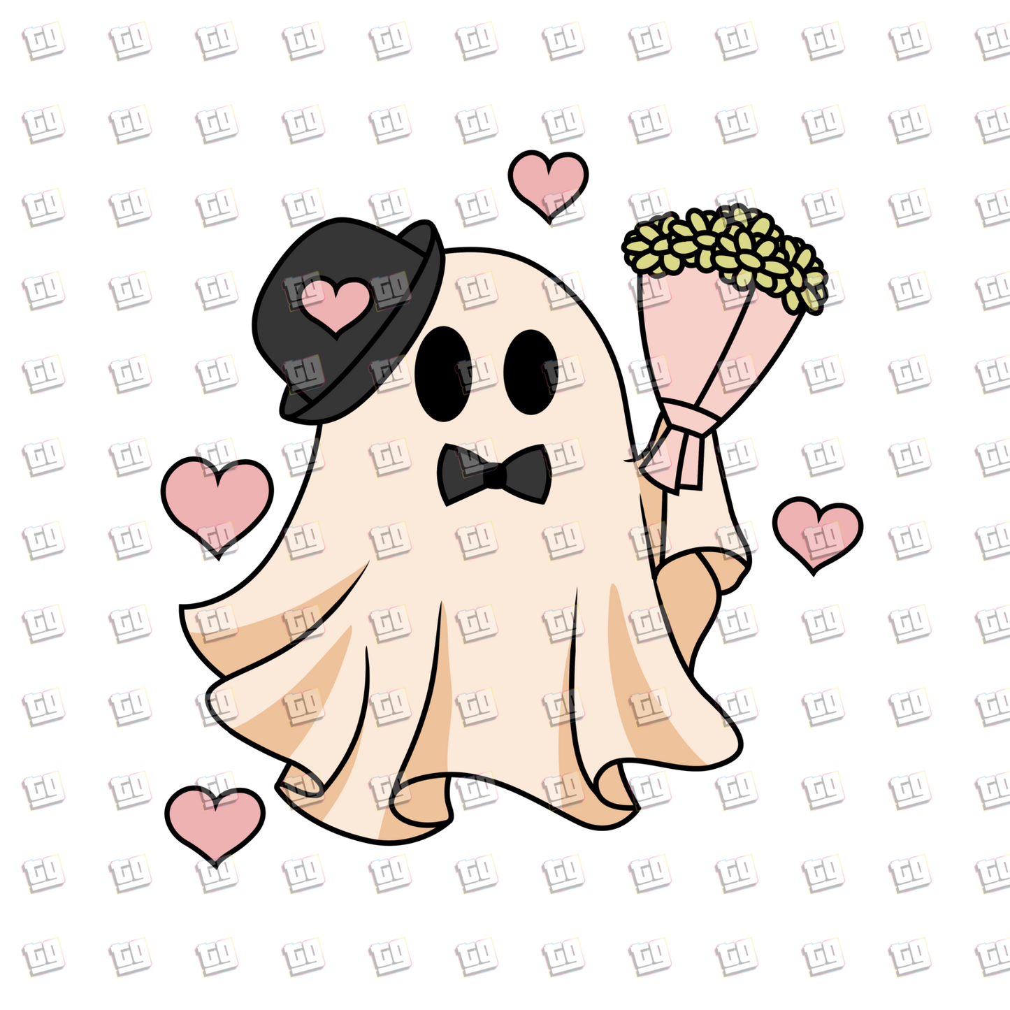 Retro Ghost Top Hat and Bouquet - Valentines - DTF Transfer