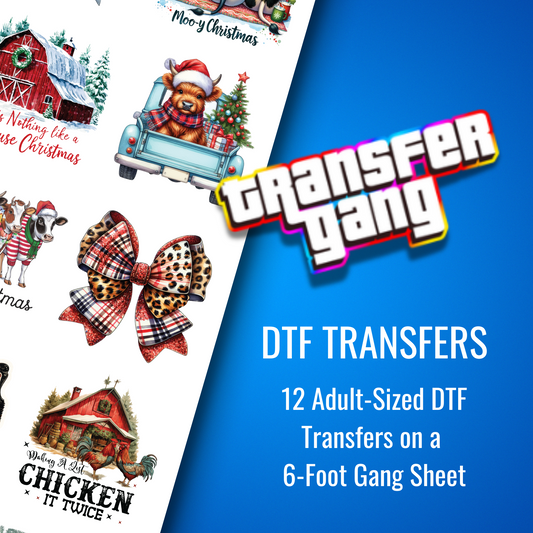 Ready to Press DTF Gang Sheet; Farmhouse Christmas - 12 Adult-Sized Designs for Apparel