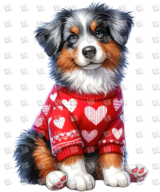 Puppy With Red Sweater (Hearts) V14 - Valentines - DTF Transfer