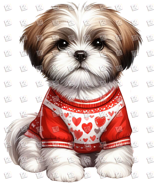 Puppy With Red Sweater (Hearts) V17 - Valentines - DTF Transfer