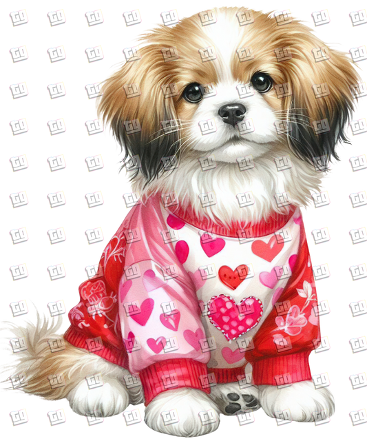 Puppy With Red Sweater (Hearts) V6 - Valentines - DTF Transfer