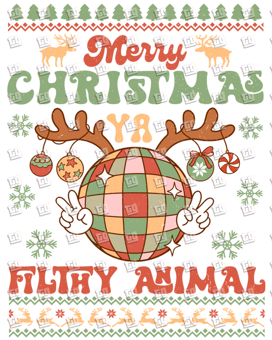 Retro Merry Christmas Ya Filthy Animal (Ugly Christmas Sweater) - Holidays - DTF Transfer