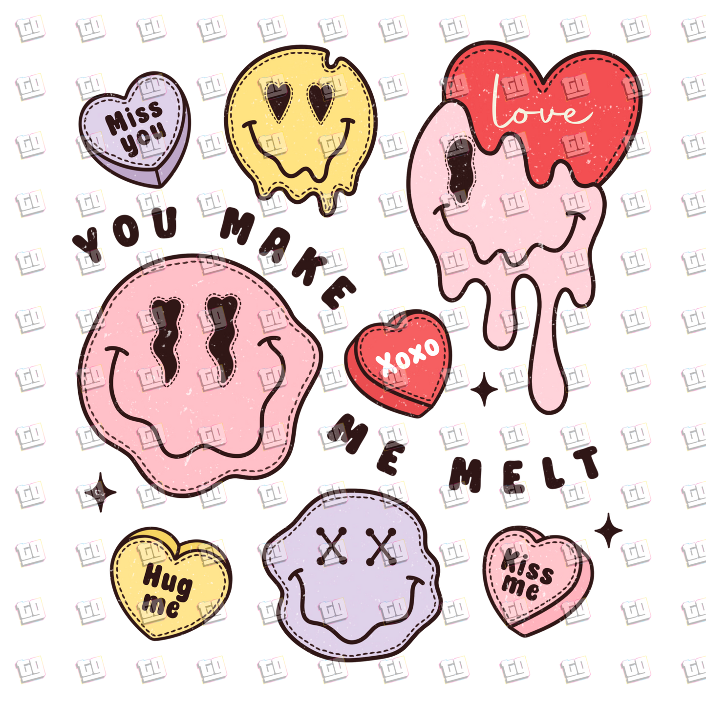 Melting Smiley Faces Retro - Valentines - DTF Transfer