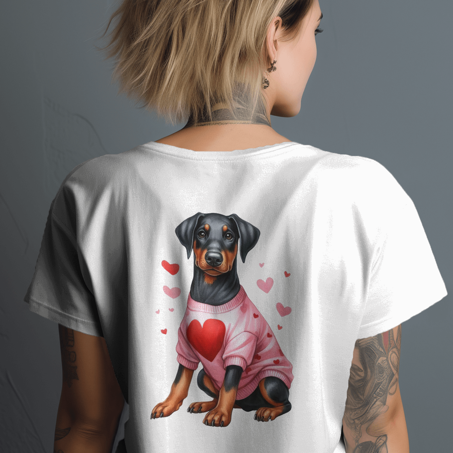 Dark Gray Dog In Pink Heart Shirt - Valentines - DTF Transfer