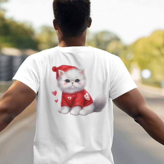 White Kitten With Red Hat and Sweater- Valentines - DTF Transfer
