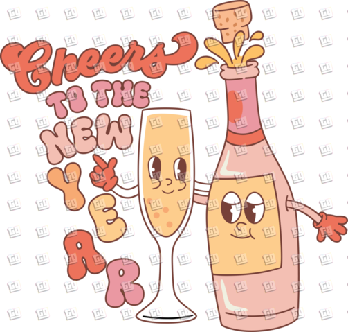 Retro Cheers To The New Year, Bottle and Glass - New Years - DTF Transfer