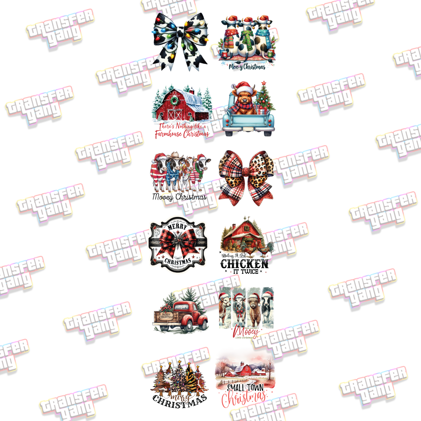 Ready to Press DTF Gang Sheet; Farmhouse Christmas - 12 Adult-Sized Designs for Apparel