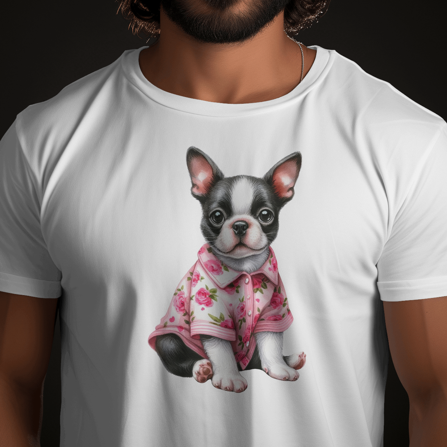 Gray Dog In Pink Rose Shirt - Valentines - DTF Transfer