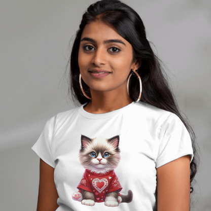 Long Haired Kitten With Red Heart Shirt` - Valentines - DTF Transfer